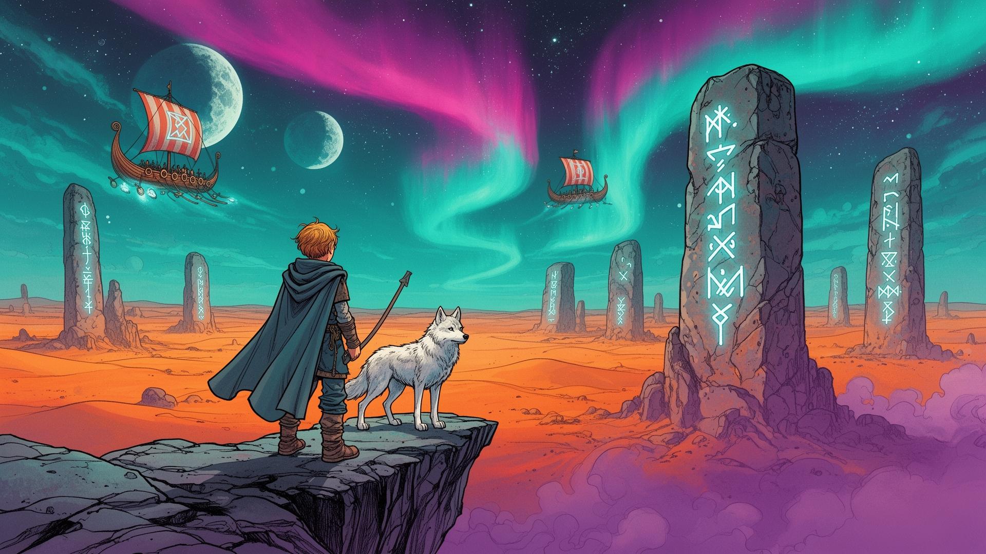 Ero and his wolf Elska standing on a cliff under an alien aurora sky